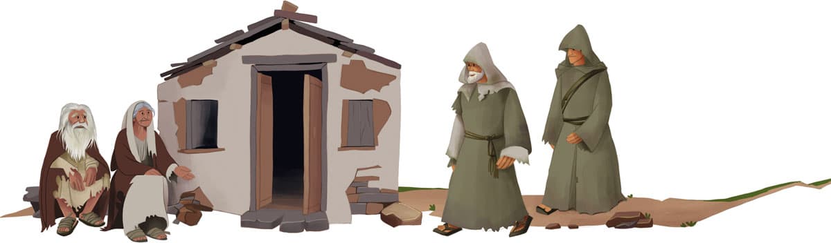 Illustration by illustrator Eldes, depicting the gods Jupiter and Mercury disguised as travelers in front of Baucis and Philemon and their humble house, for the textbook Hora das Letras