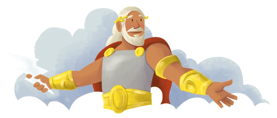 Illustration by illustrator Eldes, depicting the god Jupiter (Zeus) among clouds, holding a lightning bolt, for the textbook Hora das Letras