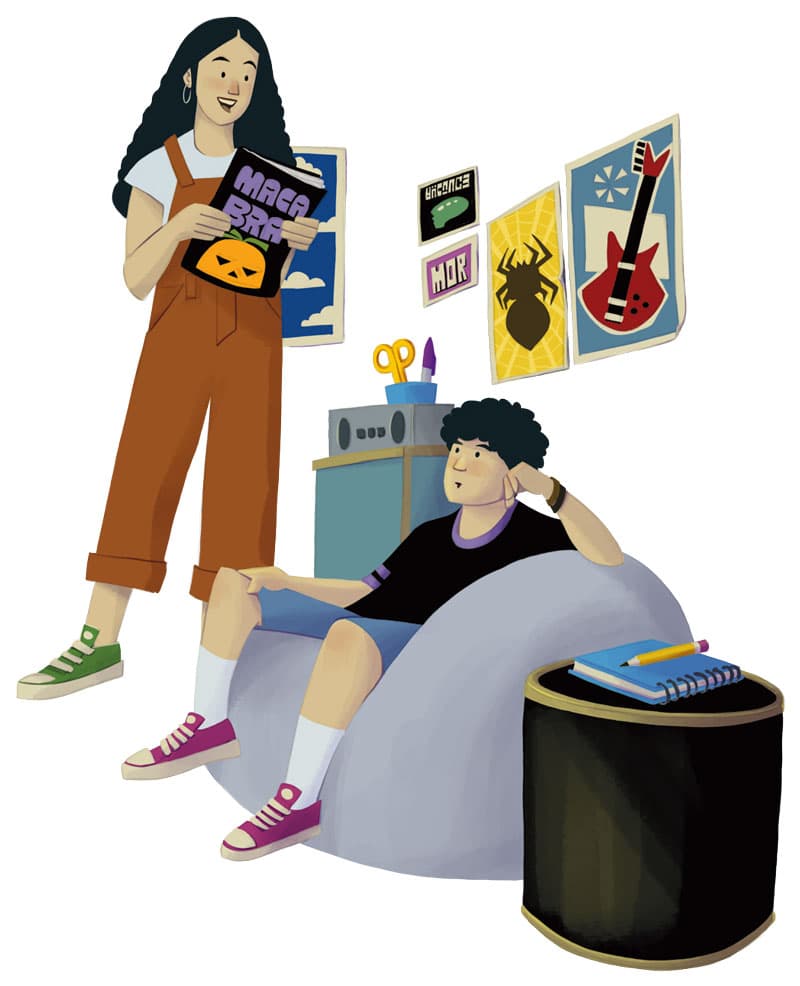 Illustration by illustrator Eldes, depicting two young people in a bedroom, one holding a magazine called 'Macabra' and the other sitting on a beanbag surrounded by posters, for the textbook Hora das Letras