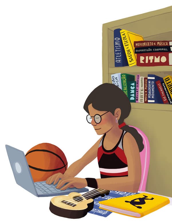 Illustration by illustrator Eldes, depicting a young person typing on a laptop, surrounded by a basketball, a ukulele, and books on sports and dance, for the textbook Hora das Letras