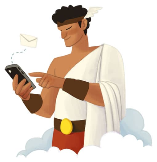 Illustration by illustrator Eldes, depicting the god Mercury (Hermes) checking his phone amid clouds, for the textbook Hora das Letras