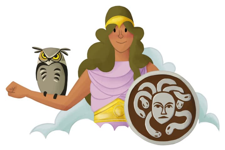 Illustration by illustrator Eldes, depicting the goddess Minerva (Pallas Athena) with an owl on her arm and a shield bearing Medusa, for the textbook Hora das Letras