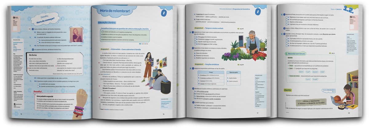 Mockup of the textbook Hora das Letras, showing illustrator Eldes's illustrations applied to the pages