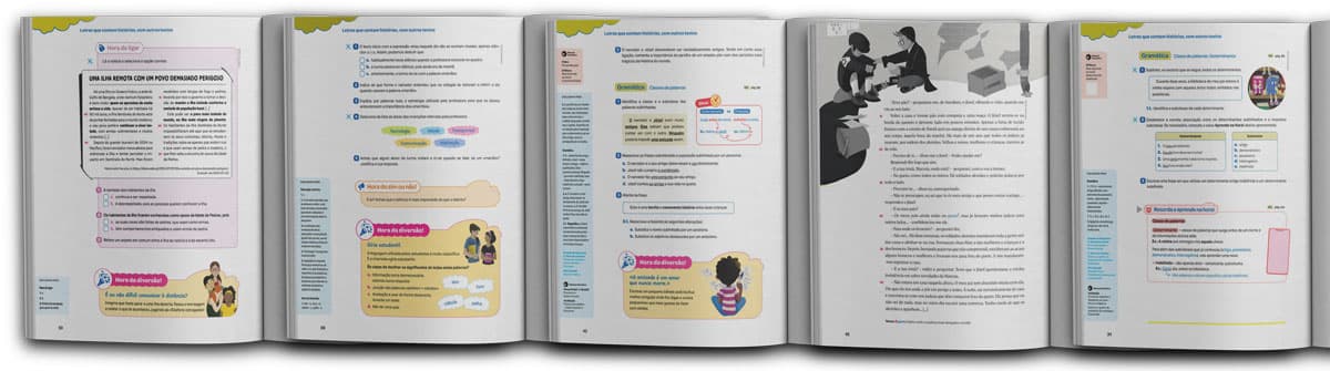 Mockup of the textbook Hora das Letras, showing illustrator Eldes's illustrations applied to the pages