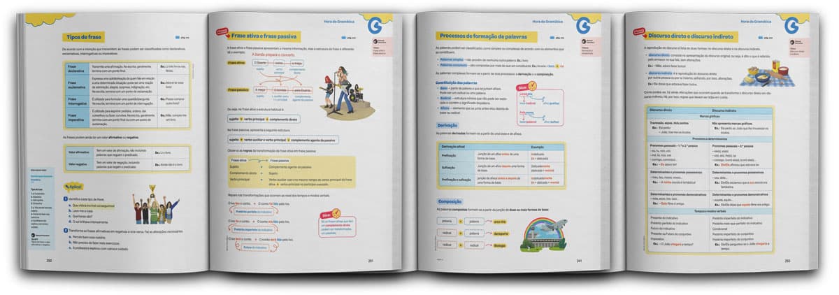 Mockup of the textbook Hora das Letras, showing illustrator Eldes's illustrations applied to the pages