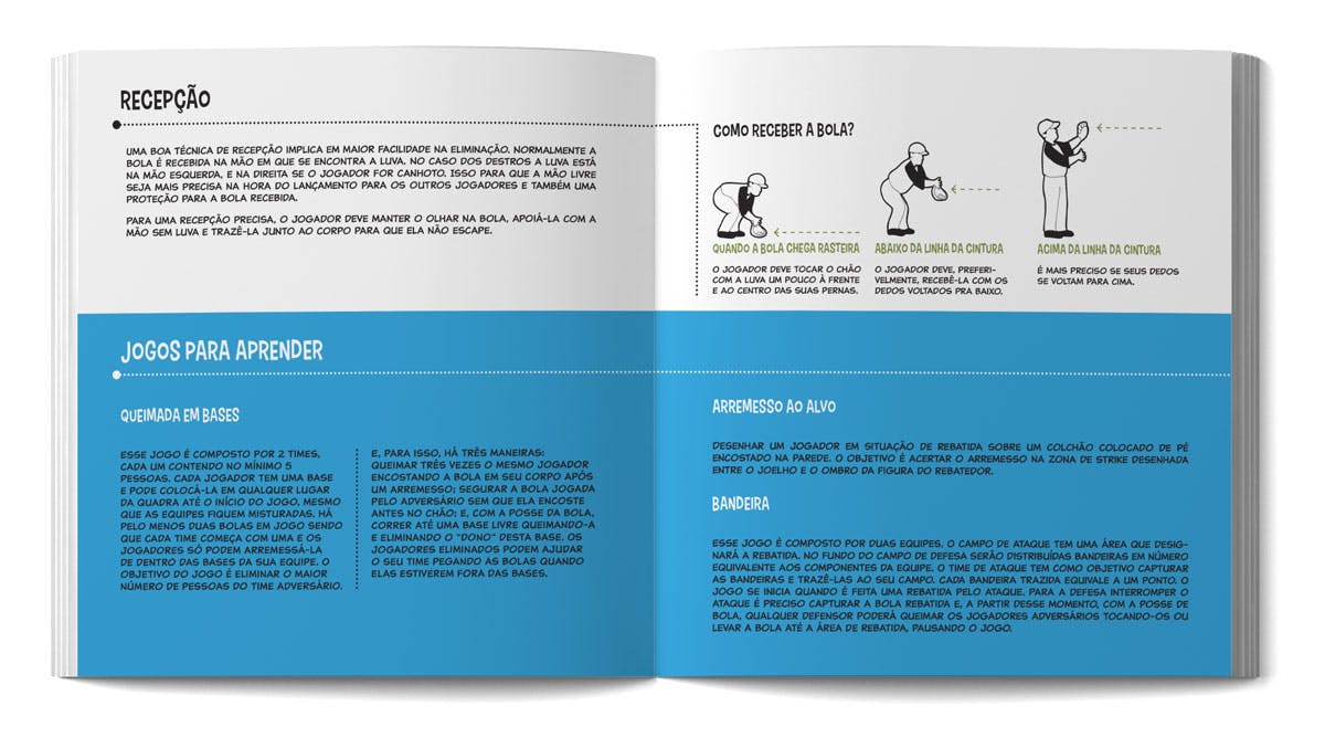 Mockup show pages 14 and 15 (Fundamentals about catching, and games to learning baseball)