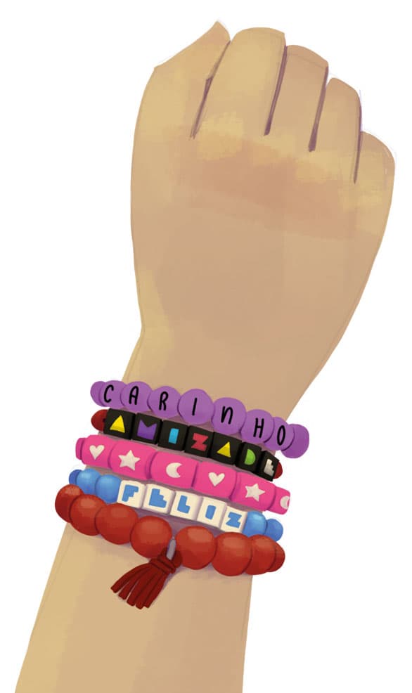Illustration by illustrator Eldes, depicting an arm wearing beaded bracelets spelling out 'carinho' (affection), 'amizade' (friendship), and 'feliz' (happy), for the textbook Hora das Letras