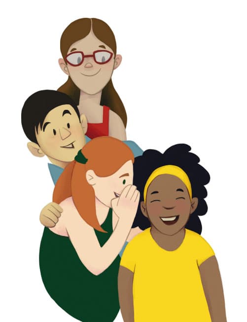 Illustration by illustrator Eldes, depicting four young people playing telephone, whispering to one another, for the textbook Hora das Letras