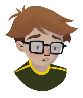 Illustration by illustrator Eldes, depicting the face of a young person wearing glasses with a sad expression, for the textbook Hora das Letras