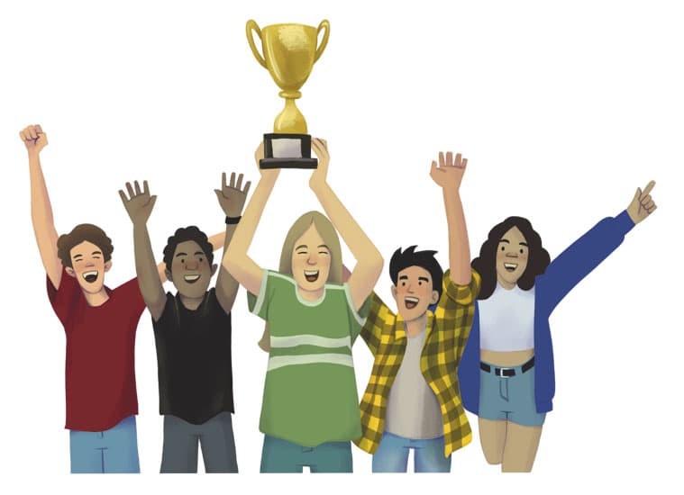 Illustration by illustrator Eldes, depicting a group of young people celebrating, holding up a trophy, for the textbook Hora das Letras